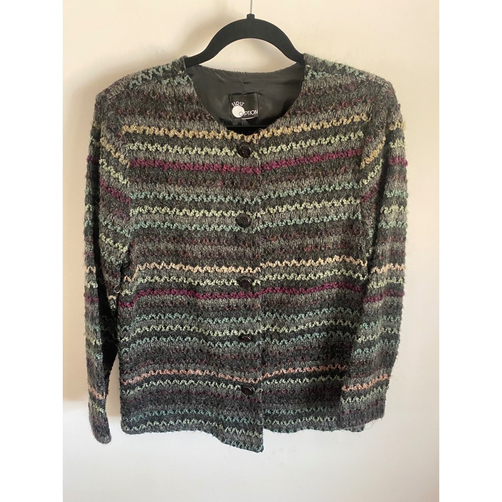 First Option Vintage Gray Multi Zigzag Stripe Lined Knit Cardigan Sweater Medium